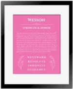 Wesson personalized wall art with the story of your name in pink with black matte frame