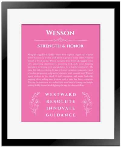 Wesson personalized wall art with the story of your name in pink with black matte frame