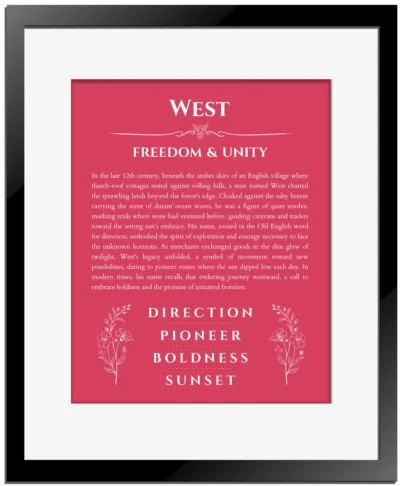 West custom name art showing meaning and origin in red with black matte frame
