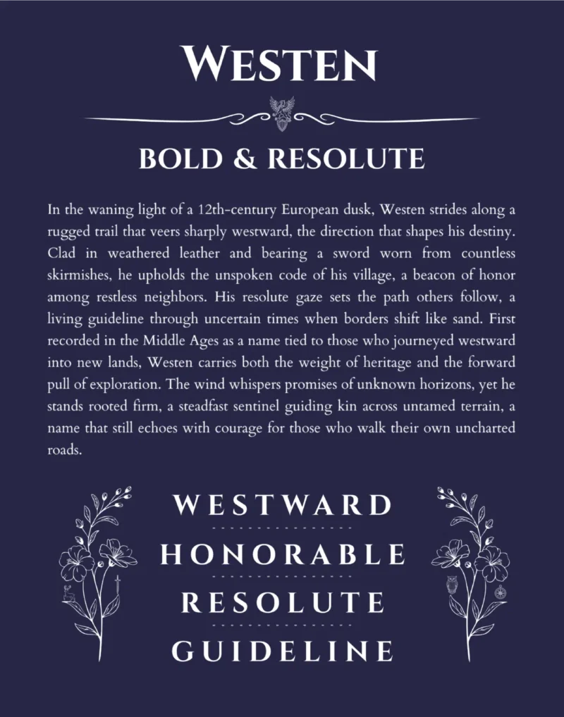 Westen name origin print with meaning and traits in navy blue
