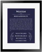Westen name origin print with meaning and traits in navy blue with black matte frame