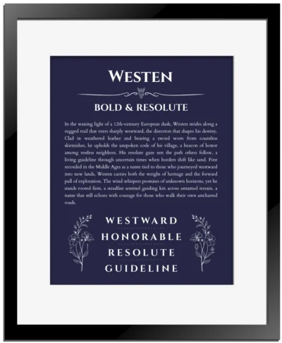 Westen name origin print with meaning and traits in navy blue with black matte frame