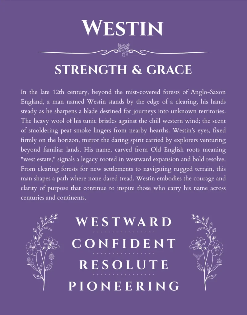 Westin personalized name print with origin and traits in purple