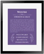 Westin personalized name print with origin and traits in purple with black matte frame