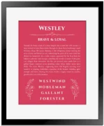 Westley personalized name print with origin and traits in red with black matte frame