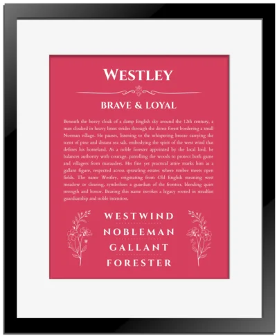 Westley personalized name print with origin and traits in red with black matte frame