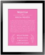 Westyn personalized wall art with the story of your name in pink with black matte frame