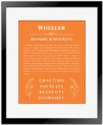 Wheeler personalized name meaning print in orange with black matte frame