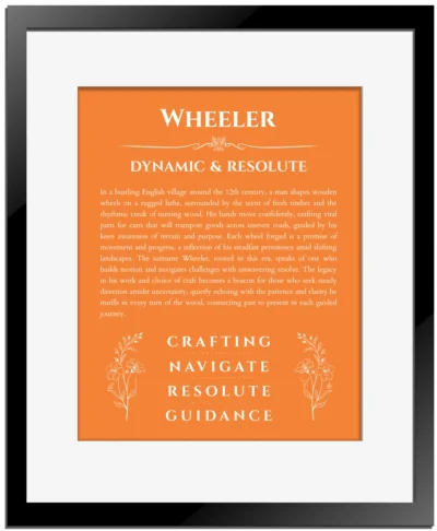 Wheeler personalized name meaning print in orange with black matte frame