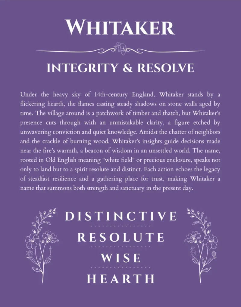 Whitaker custom name art showing meaning and origin in purple