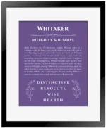 Whitaker custom name art showing meaning and origin in purple with black matte frame