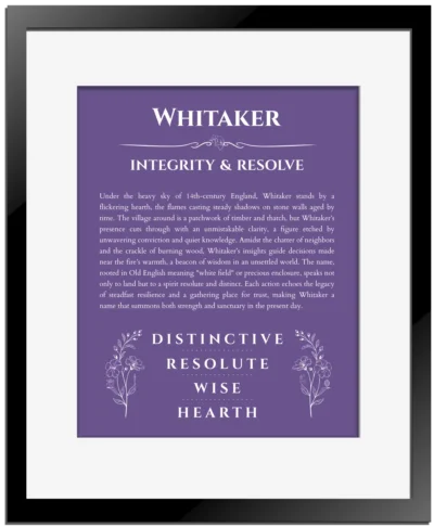 Whitaker custom name art showing meaning and origin in purple with black matte frame
