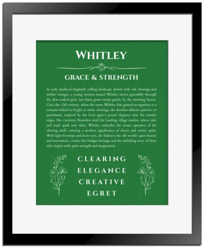 Whitley custom name print for wall display in dark green with black matte frame