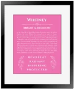 Whitney personalized name print with origin and traits in pink with black matte frame