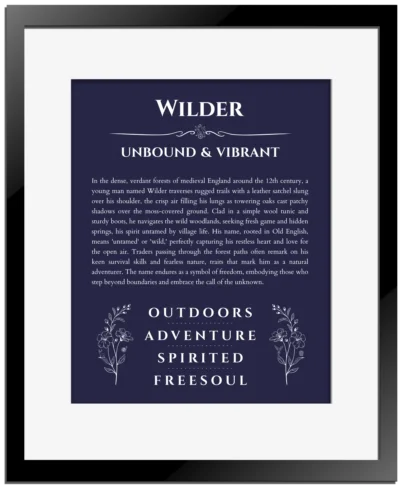 Wilder name meaning gift print in navy blue with black matte frame