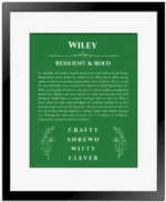 Wiley personalized name meaning print in dark green with black matte frame