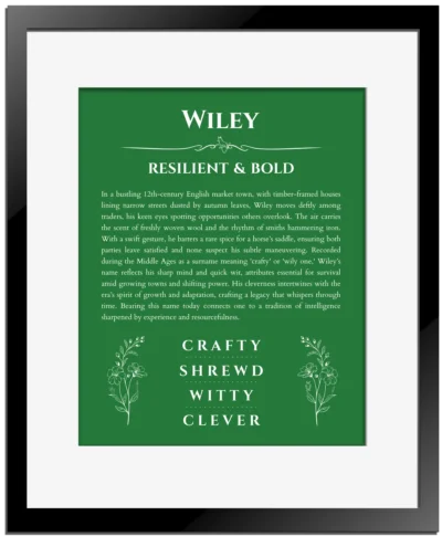 Wiley personalized name meaning print in dark green with black matte frame