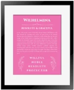 Wilhelmina personalized name meaning print in pink with black matte frame