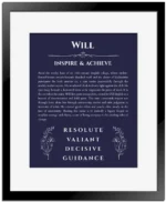 Will personalized name art with origin story in navy blue with black matte frame