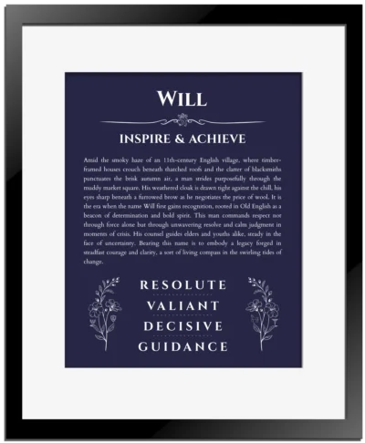 Will personalized name art with origin story in navy blue with black matte frame
