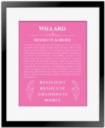 Willard personalized name meaning print in pink with black matte frame