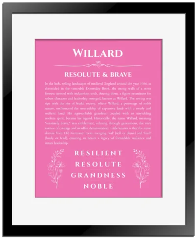 Willard personalized name meaning print in pink with black matte frame