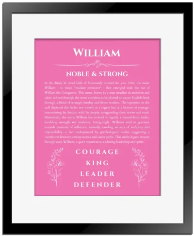 William personalized name meaning print in pink with black matte frame