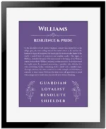 Williams personalized wall art with the story of your name in purple with black matte frame