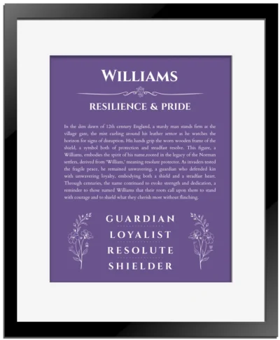 Williams personalized wall art with the story of your name in purple with black matte frame