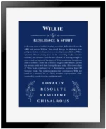 Willie name origin print with meaning and traits in deep blue with black matte frame