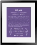 Wilma personalized name print with origin and traits in purple with black matte frame