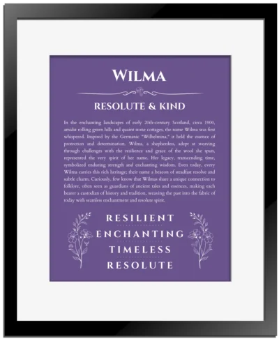 Wilma personalized name print with origin and traits in purple with black matte frame