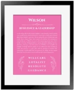 Wilson personalized name print with origin and traits in pink with black matte frame