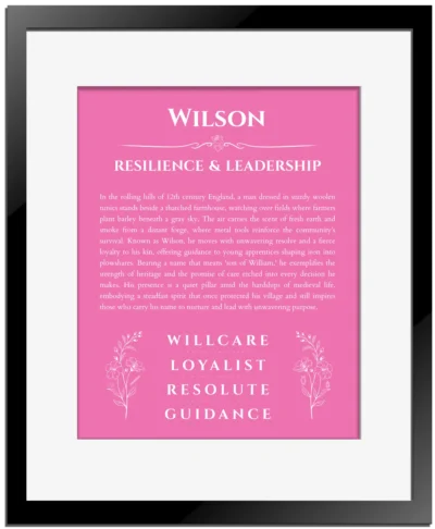 Wilson personalized name print with origin and traits in pink with black matte frame