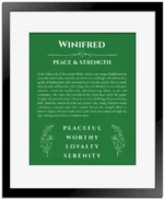 Winifred name origin print with meaning and traits in dark green with black matte frame