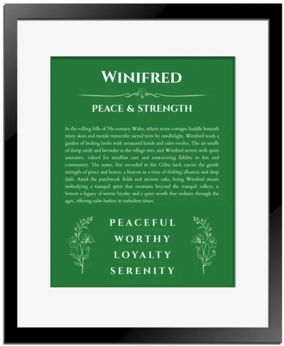 Winifred name origin print with meaning and traits in dark green with black matte frame