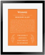 Winnie personalized name art with origin story in orange with black matte frame