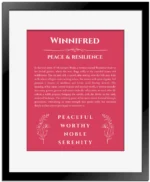 Winnifred personalized name print with origin and traits in red with black matte frame