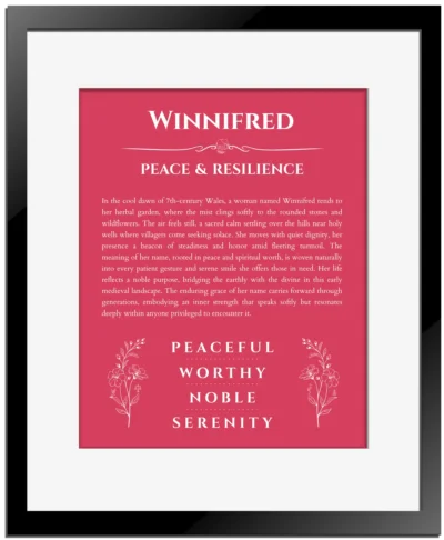 Winnifred personalized name print with origin and traits in red with black matte frame