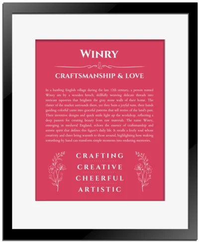 Winry custom name art showing meaning and origin in red with black matte frame