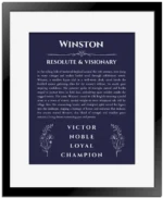 Winston personalized wall art with the story of your name in navy blue with black matte frame