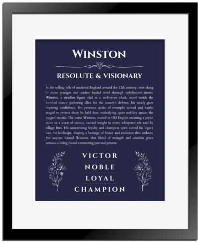 Winston personalized wall art with the story of your name in navy blue with black matte frame
