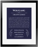 Wolfgang custom name meaning print in navy blue with black matte frame