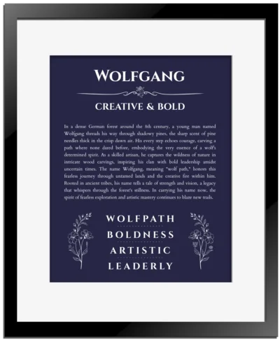 Wolfgang custom name meaning print in navy blue with black matte frame