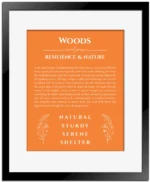 Woods custom name art showing meaning and origin in orange with black matte frame