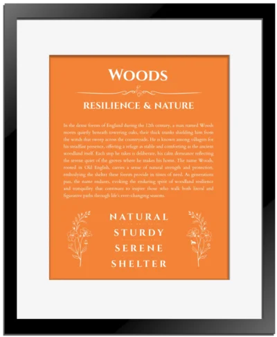 Woods custom name art showing meaning and origin in orange with black matte frame