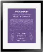 Woodson name meaning gift print in purple with black matte frame