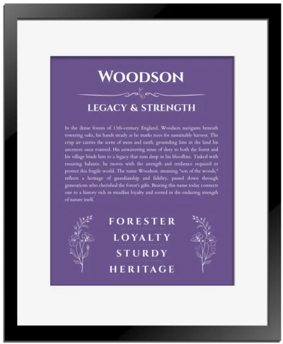 Woodson name meaning gift print in purple with black matte frame