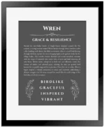 Wren custom name meaning print in gray with black matte frame