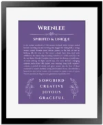 Wrenlee personalized wall art with the story of your name in purple with black matte frame